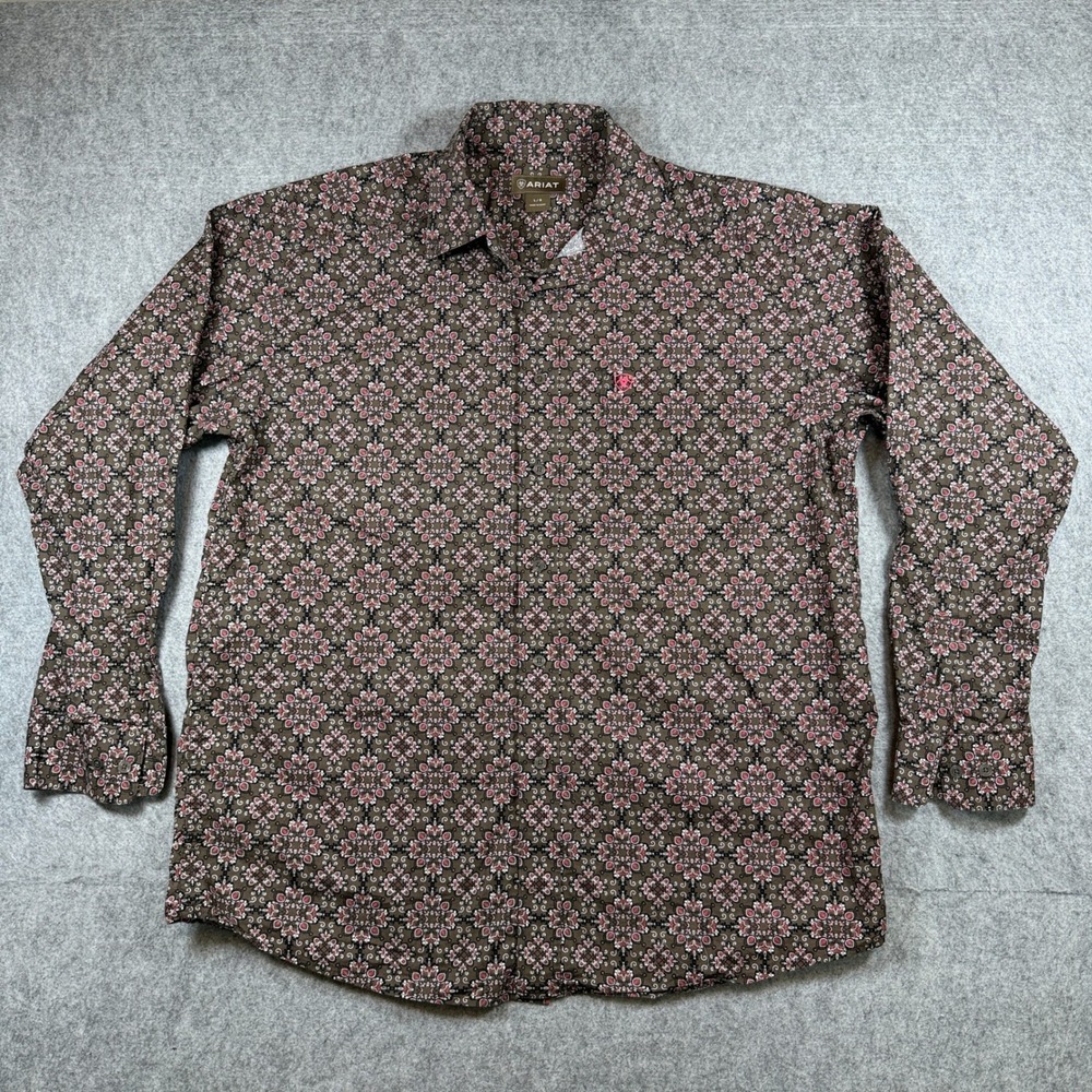 Ariat Mens Geometric Medallion Button Down Shirt Large Brown Pink Long Sleeve